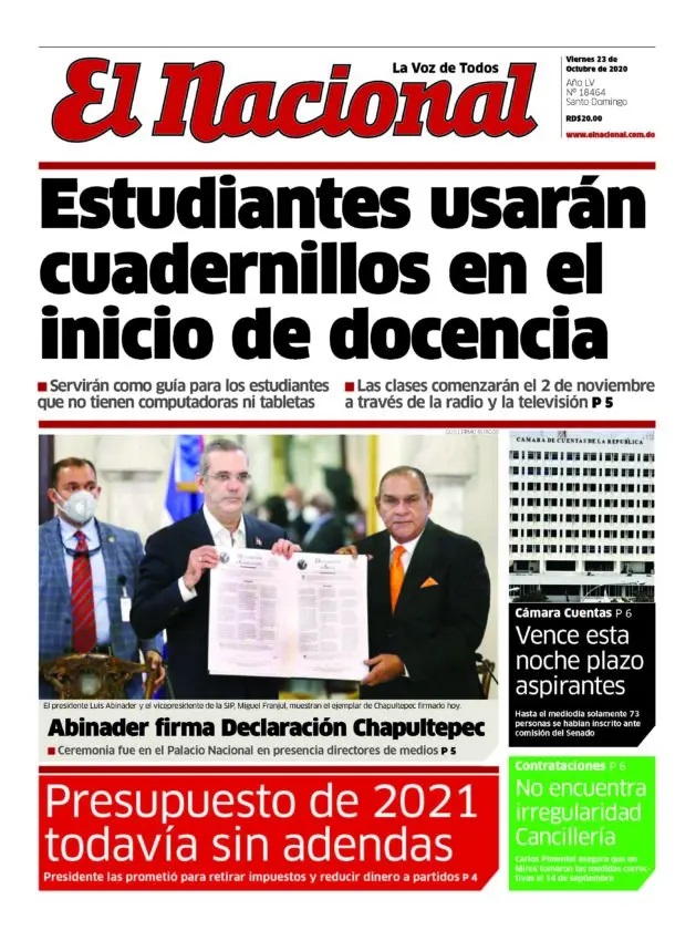 Portada Periódico El Nacional, Viernes 23 de Octubre, 2020