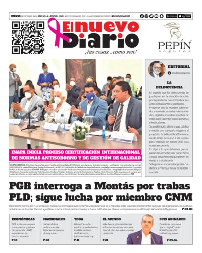 Portada Periódico El Nuevo Diario, Jueves 08 de Octubre, 2020