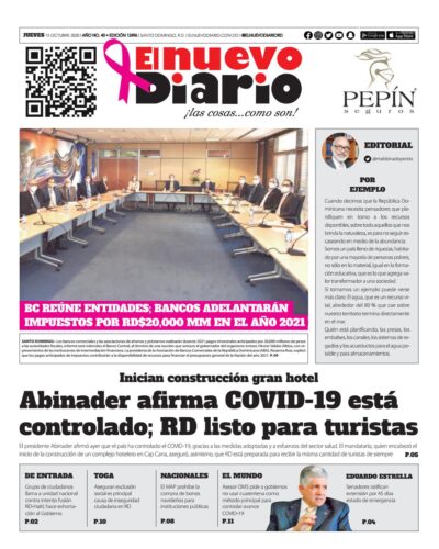 Portada Periódico El Nuevo Diario, Jueves 15 de Octubre, 2020