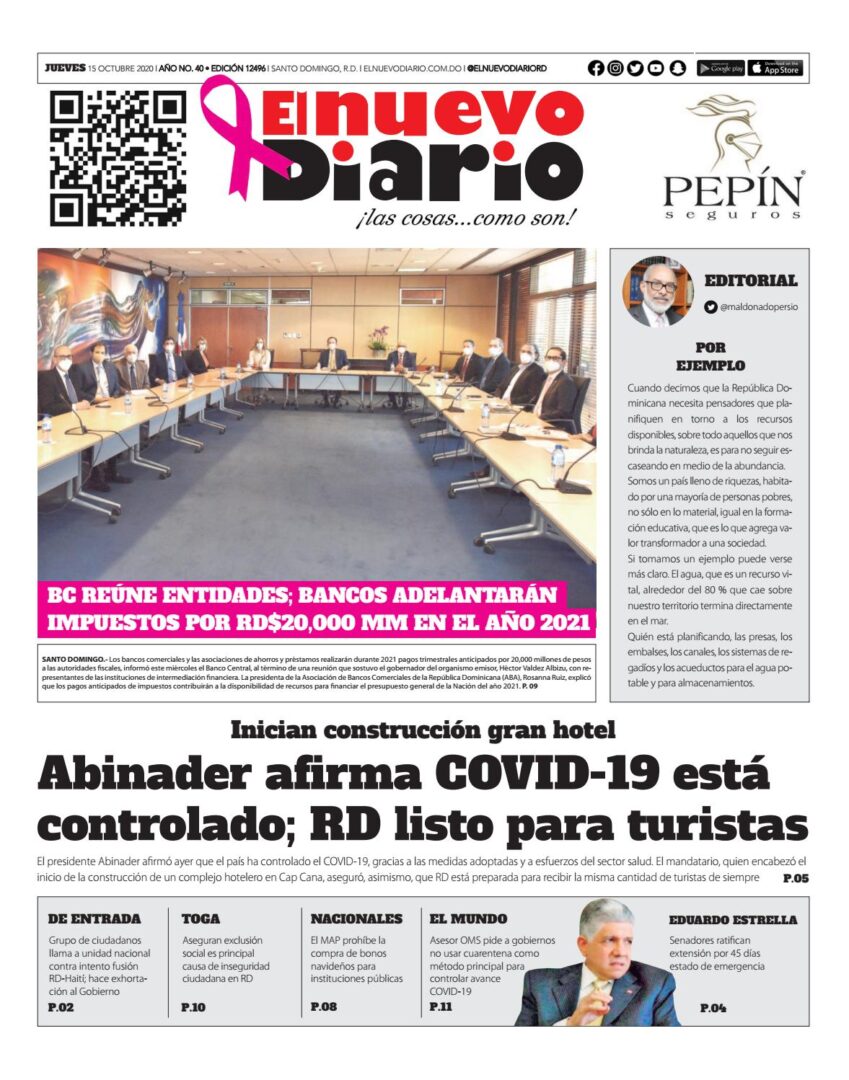 Portada Periódico El Nuevo Diario, Jueves 15 de Octubre, 2020