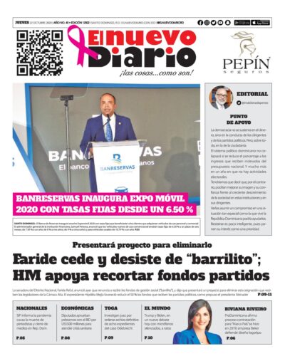 Portada Periódico El Nuevo Diario, Jueves 22 de Octubre, 2020