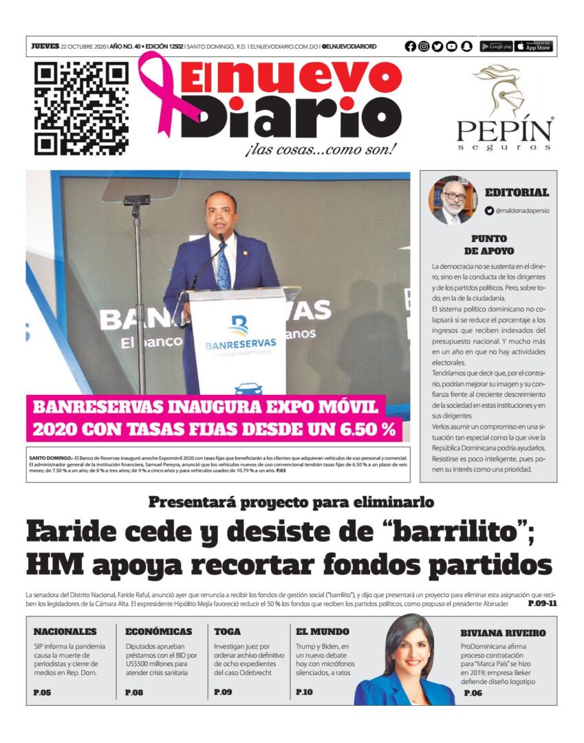Portada Periódico El Nuevo Diario, Jueves 22 de Octubre, 2020