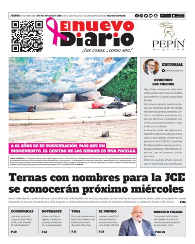 Portada Periódico El Nuevo Diario, Jueves 29 de Octubre, 2020