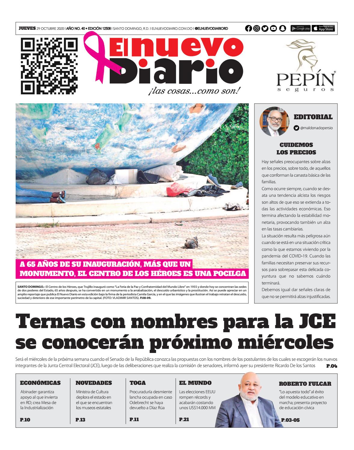 Portada Periódico El Nuevo Diario, Jueves 29 de Octubre, 2020