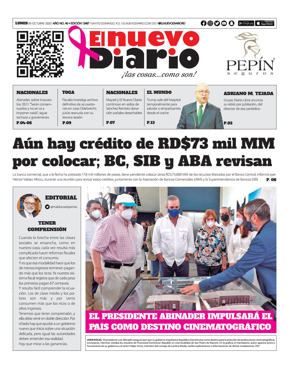 Portada Periódico El Nuevo Diario, Lunes 05 de Octubre, 2020