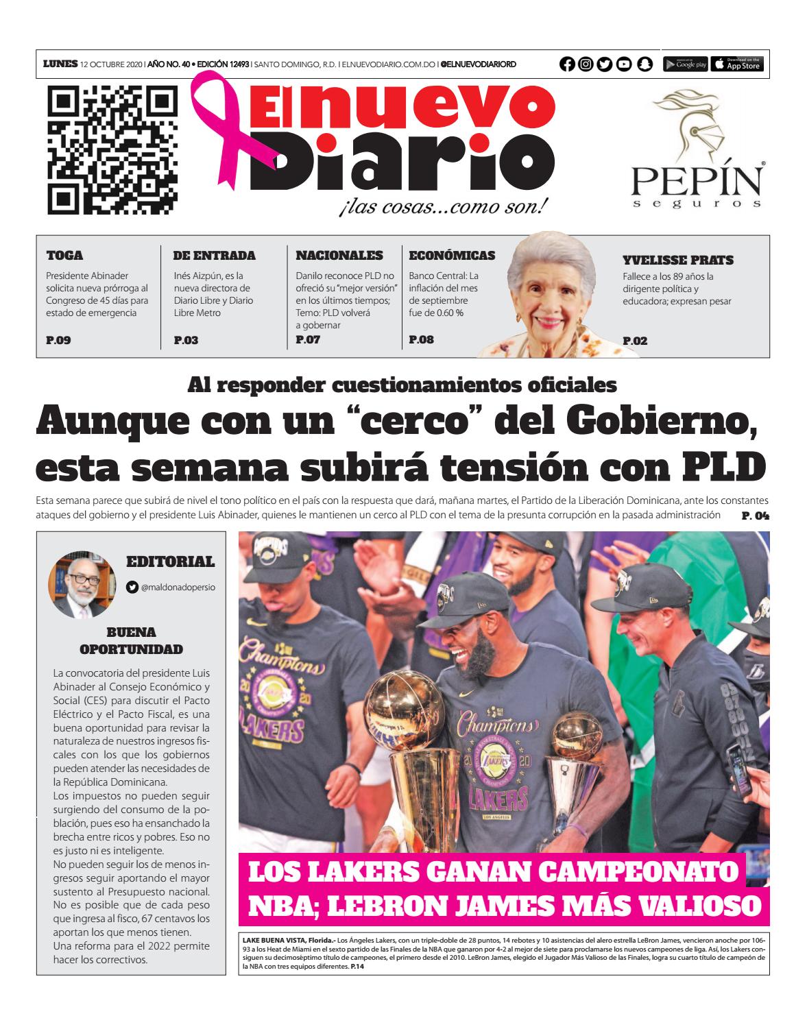 Portada Periódico El Nuevo Diario, Lunes 12 de Octubre, 2020