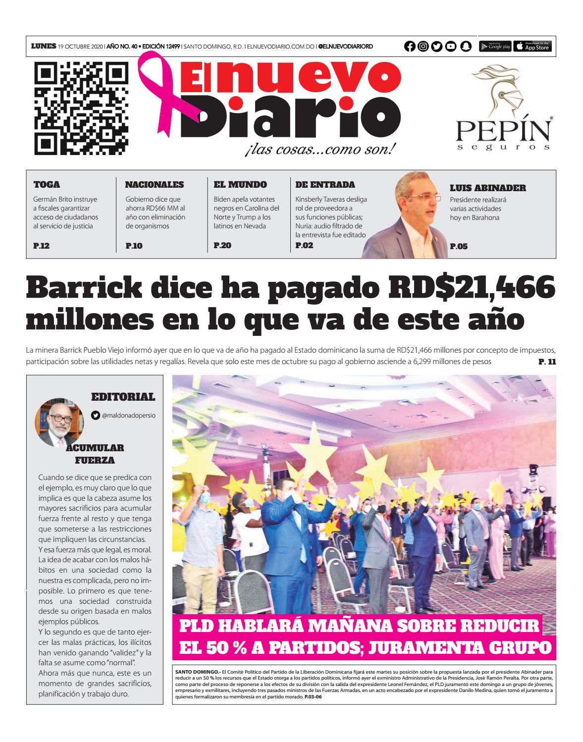 Portada Periódico El Nuevo Diario, Lunes 19 de Octubre, 2020