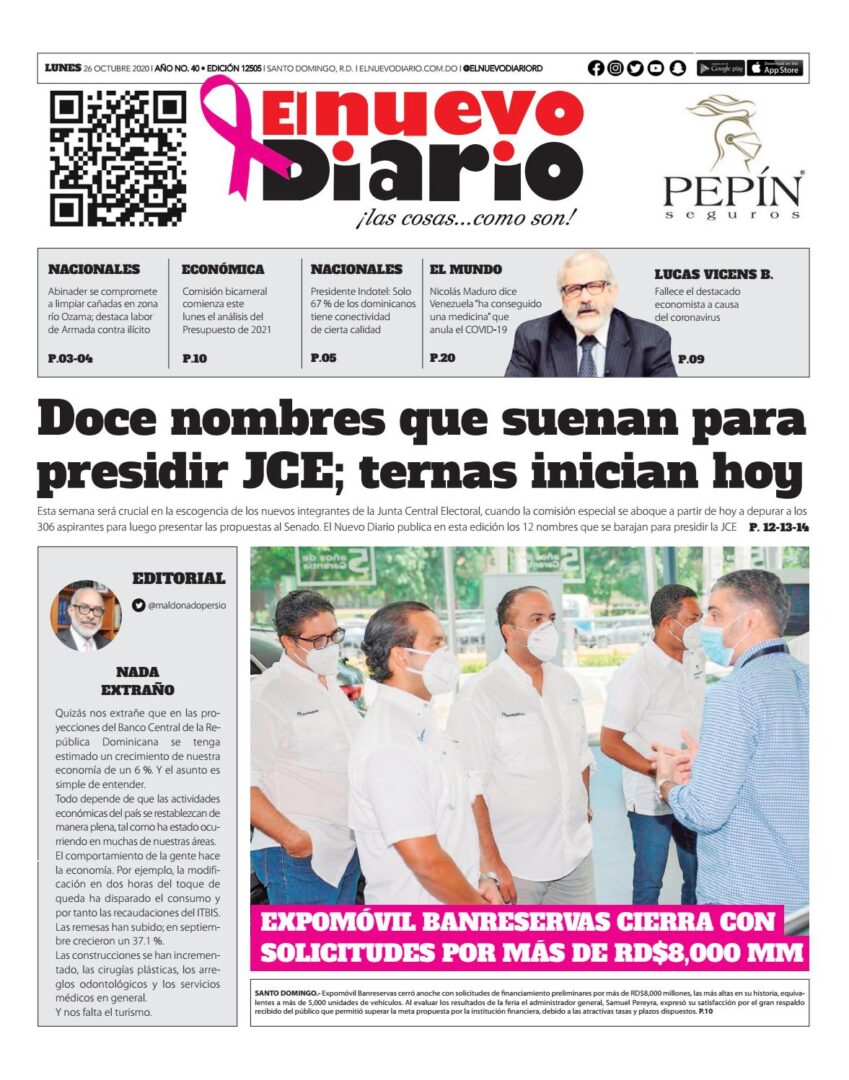 Portada Periódico El Nuevo Diario, Lunes 26 de Octubre, 2020