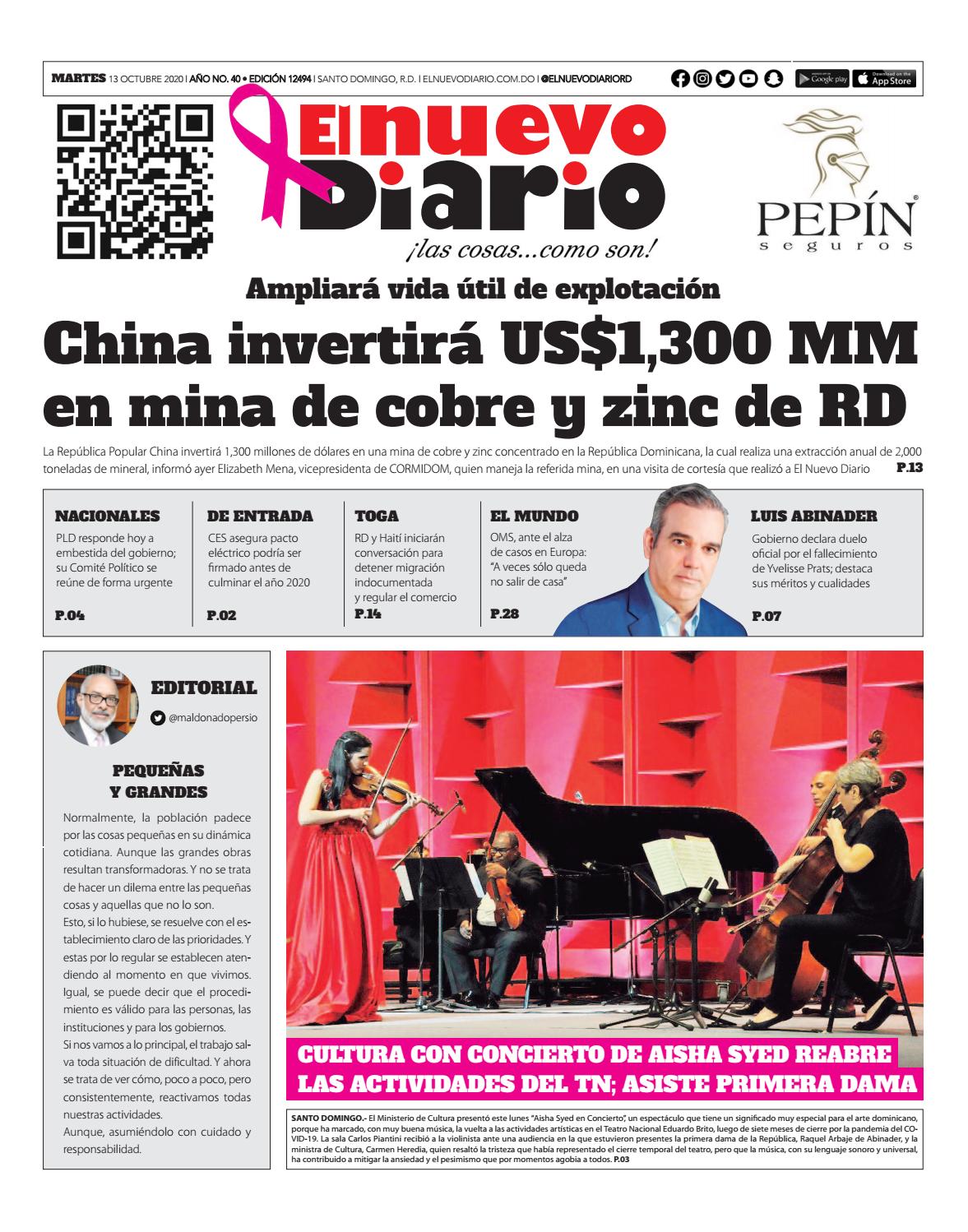 Portada Periódico El Nuevo Diario, Martes 13 de Octubre, 2020