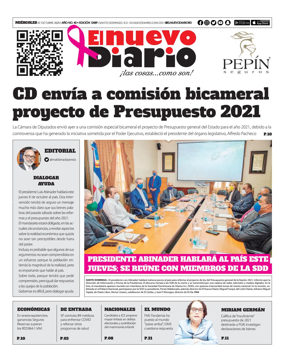 Portada Periódico El Nuevo Diario, Miércoles 07 de Octubre, 2020