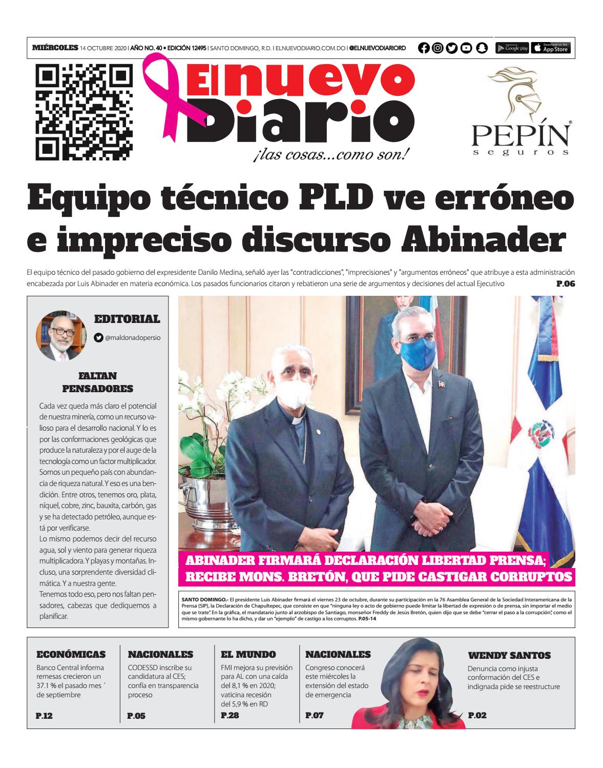 Portada Periódico El Nuevo Diario, Miércoles 14 de Octubre, 2020