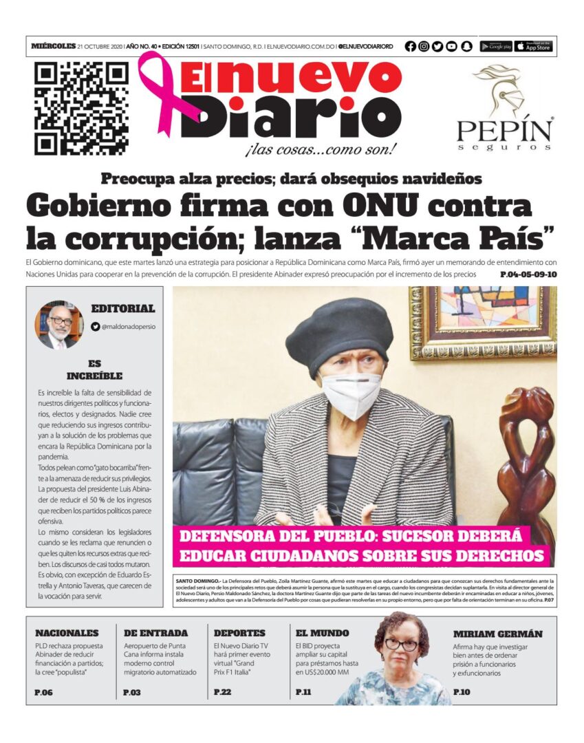 Portada Periódico El Nuevo Diario, Miércoles 21 de Octubre, 2020