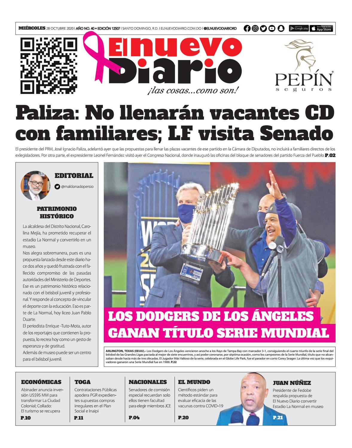 Portada Periódico El Nuevo Diario, Miércoles 28 de Octubre, 2020