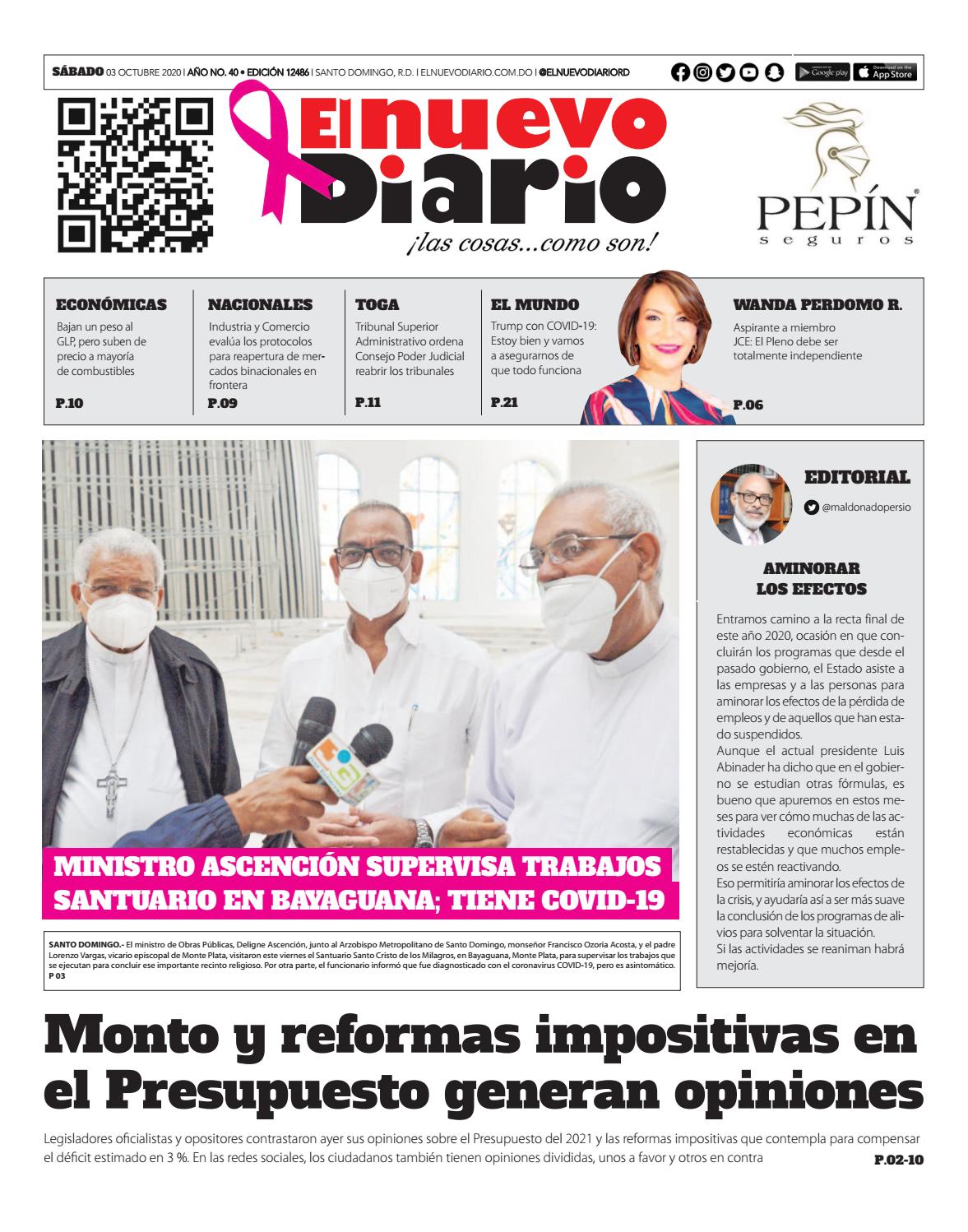 Portada Periódico El Nuevo Diario, Sábado 03 de Octubre, 2020