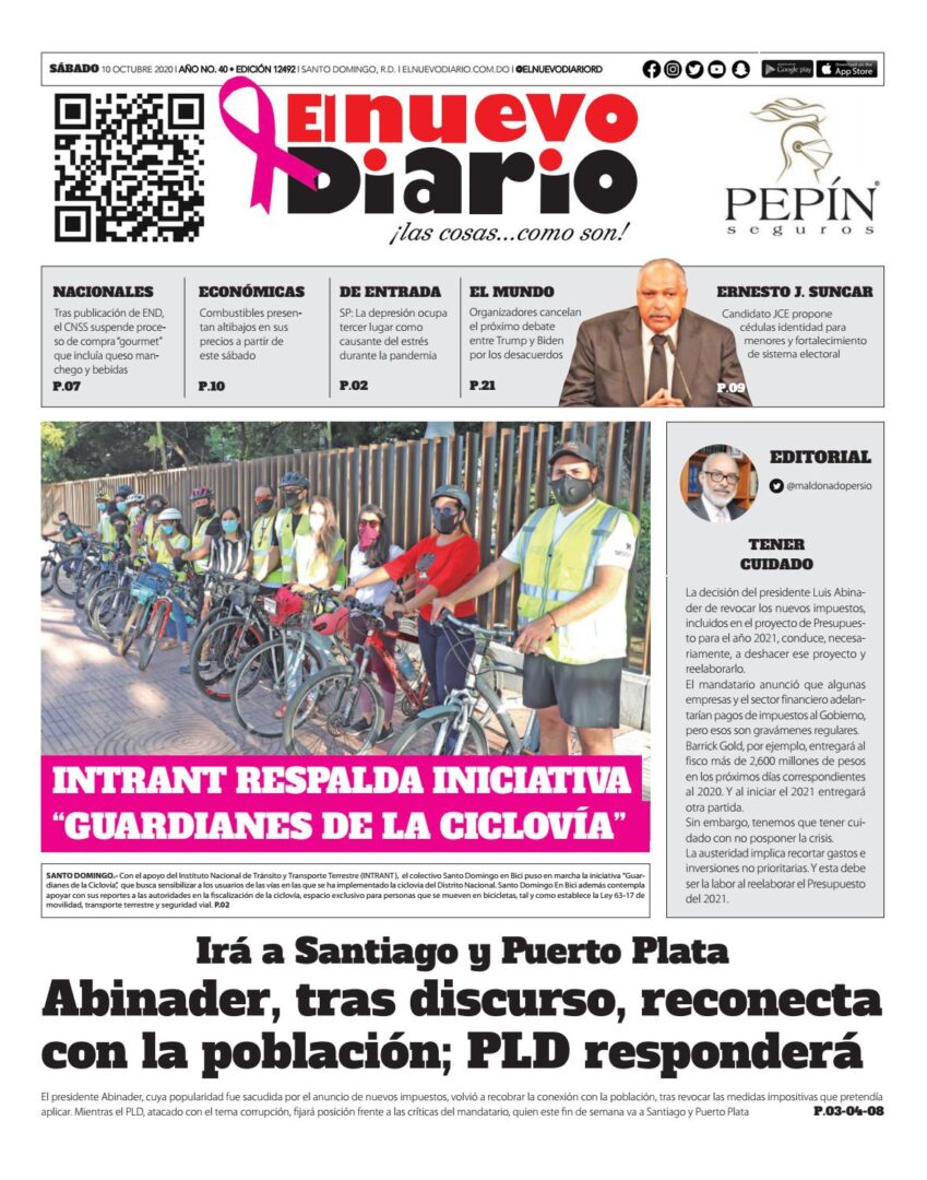 Portada Periódico El Nuevo Diario, Sábado 10 de Octubre, 2020