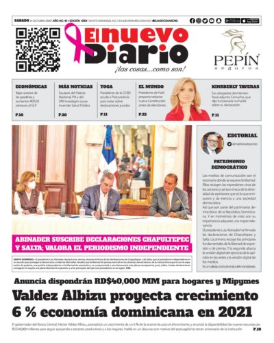 Portada Periódico El Nuevo Diario, Sábado 24 de Octubre, 2020