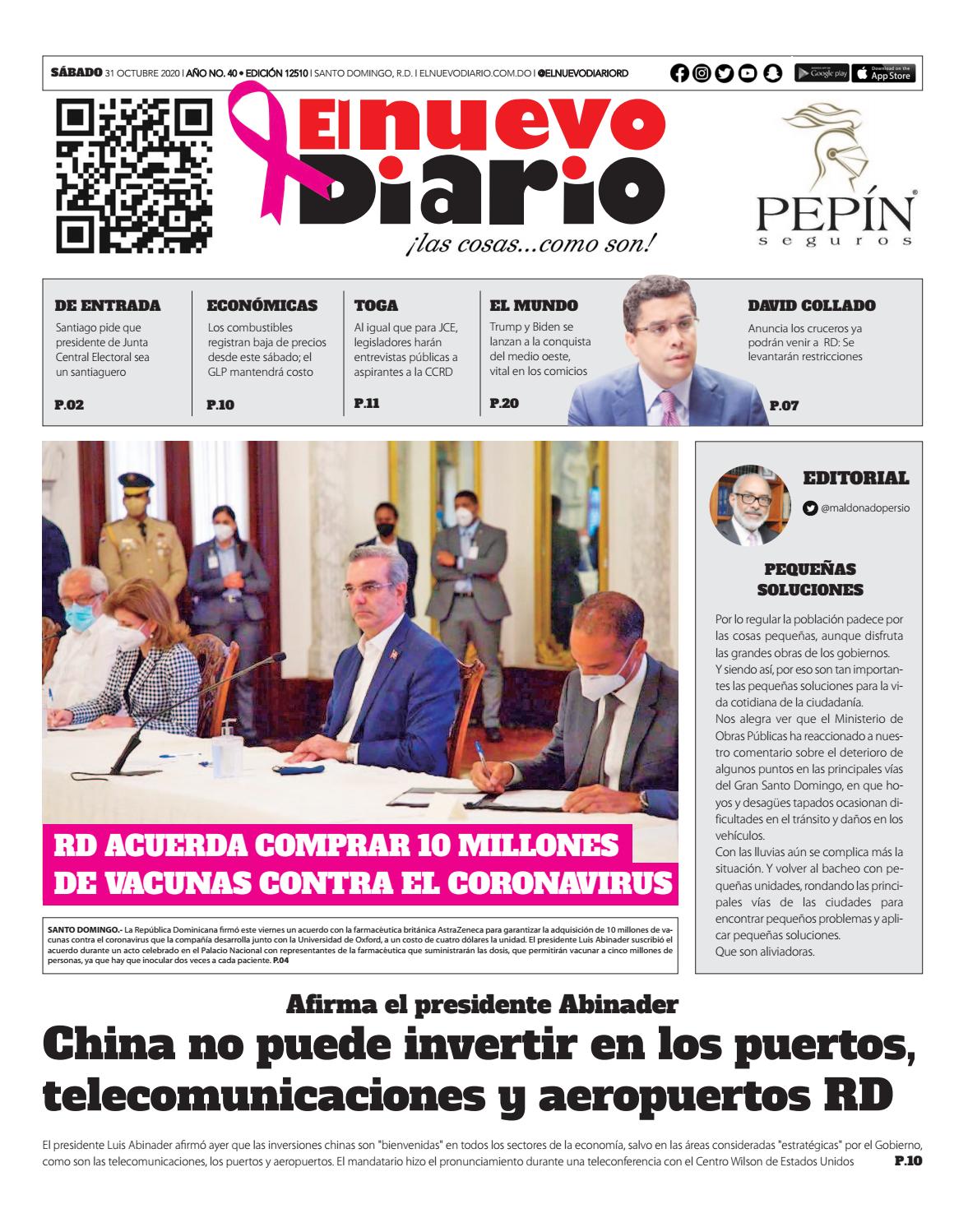 Portada Periódico El Nuevo Diario, Sábado 31 de Octubre, 2020