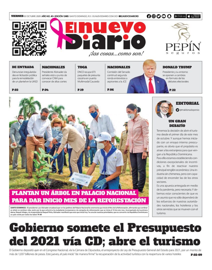 Portada Periódico El Nuevo Diario, Viernes 02 de Octubre, 2020