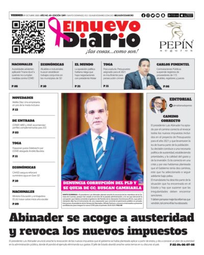 Portada Periódico El Nuevo Diario, Viernes 09 de Octubre, 2020