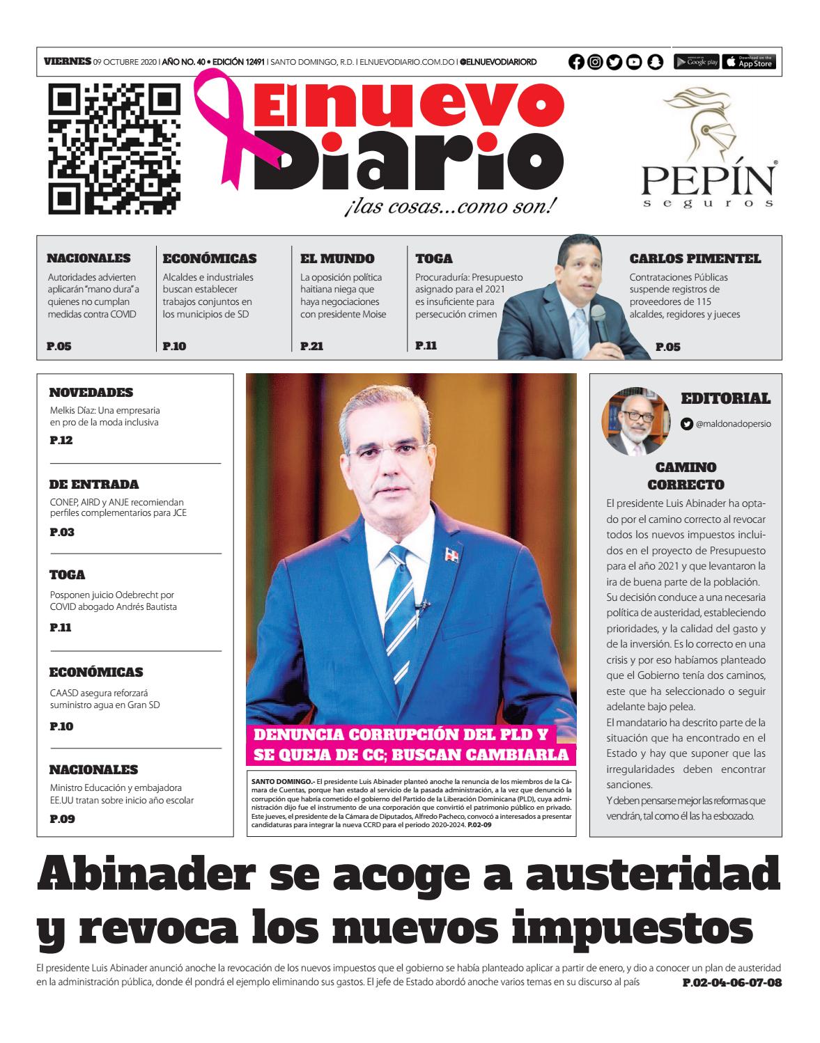 Portada Periódico El Nuevo Diario, Viernes 09 de Octubre, 2020