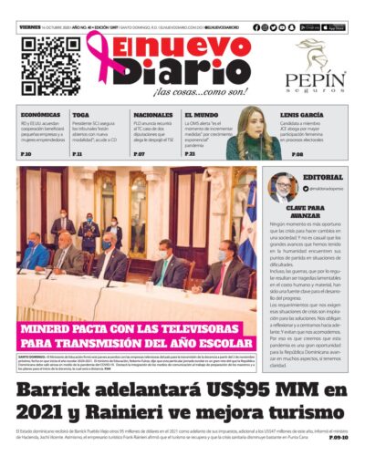 Portada Periódico El Nuevo Diario, Viernes 16 de Octubre, 2020