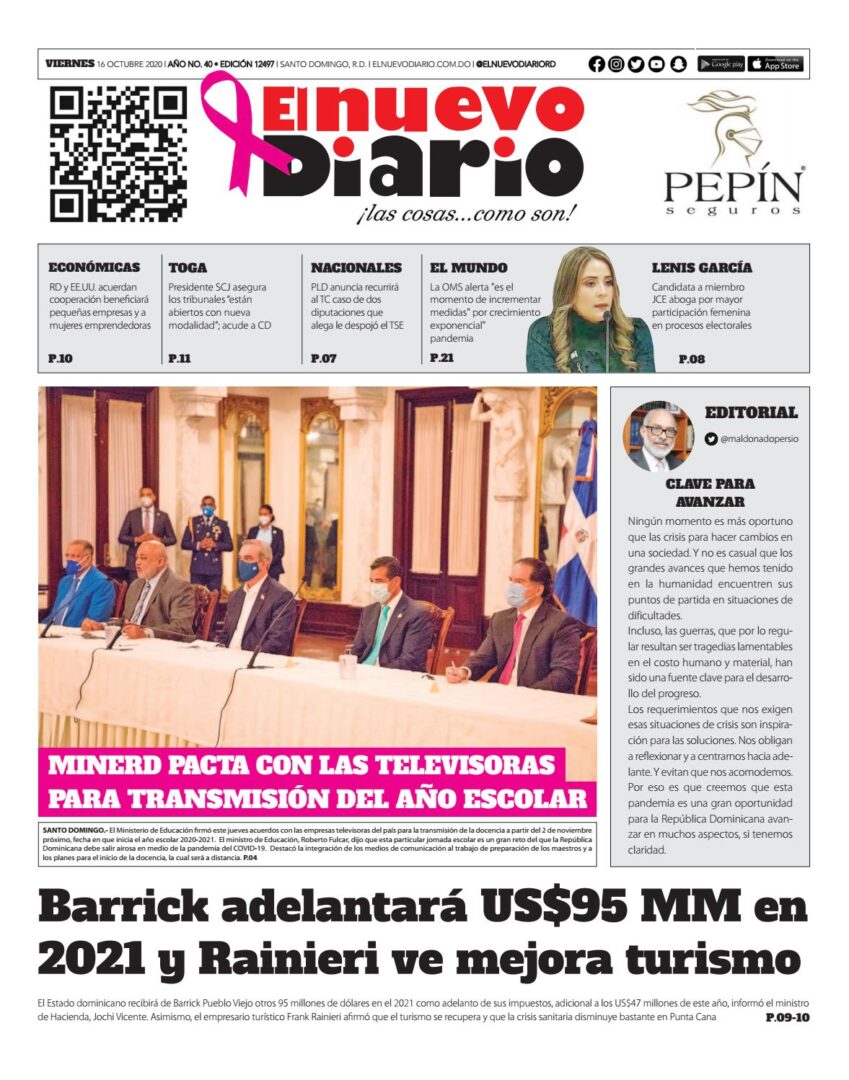 Portada Periódico El Nuevo Diario, Viernes 16 de Octubre, 2020