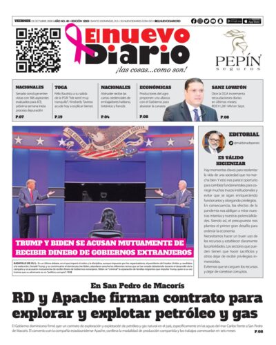 Portada Periódico El Nuevo Diario, Viernes 23 de Octubre, 2020
