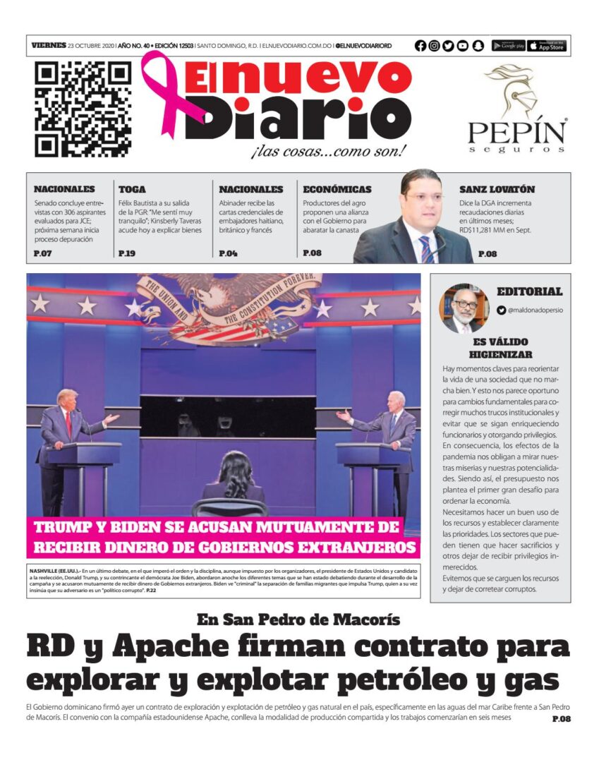Portada Periódico El Nuevo Diario, Viernes 23 de Octubre, 2020