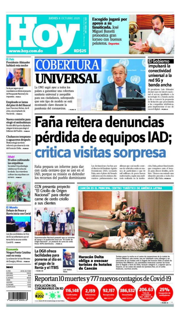 Portada Periódico Hoy, Jueves 08 de Octubre, 2020