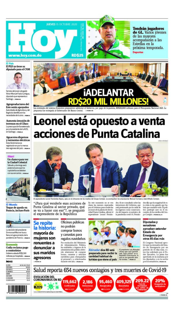 Portada Periódico Hoy, Jueves 15 de Octubre, 2020