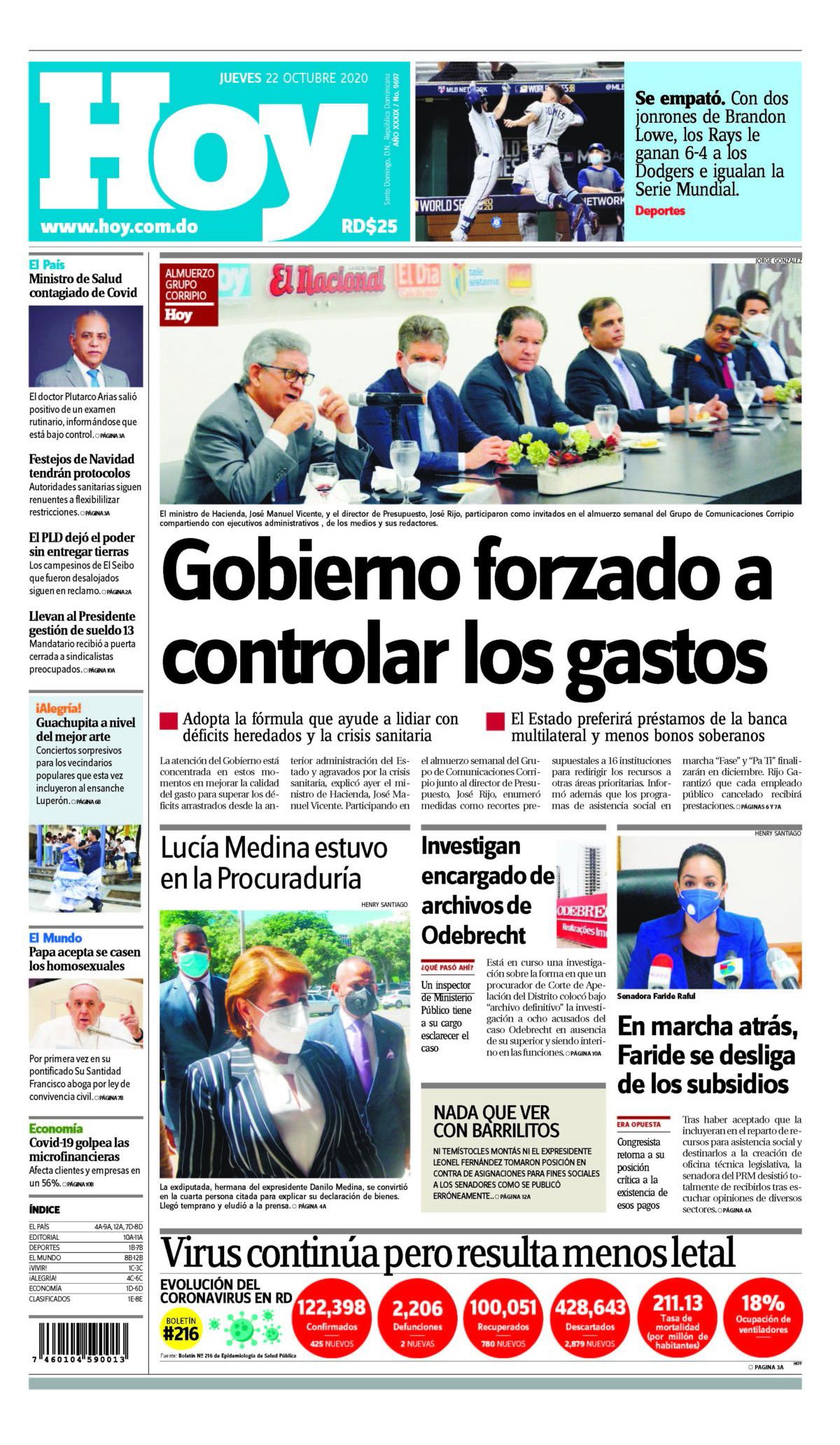 Portada Periódico Hoy, Jueves 22 de Octubre, 2020