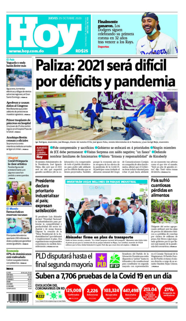 Portada Periódico Hoy, Jueves 29 de Octubre, 2020