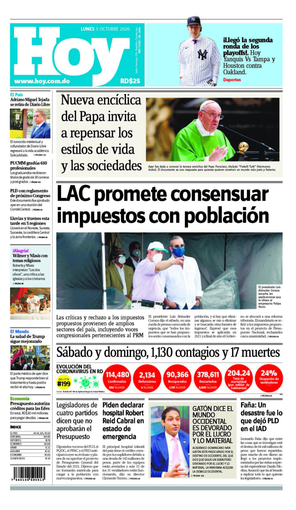 Portada Periódico Hoy, Lunes 05 de Octubre, 2020 - Dominicana.do