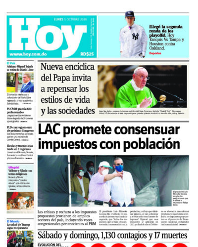 Portada Periódico Hoy, Lunes 05 de Octubre, 2020