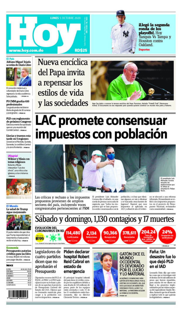 Portada Periódico Hoy, Lunes 05 de Octubre, 2020
