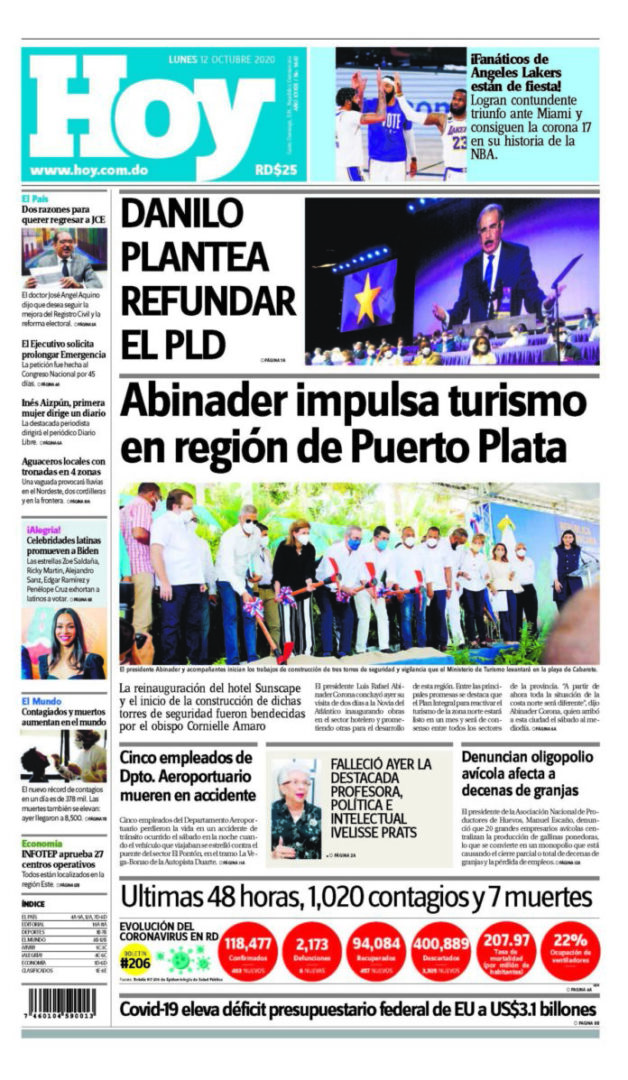 Portada Periódico Hoy, Lunes 12 de Octubre, 2020