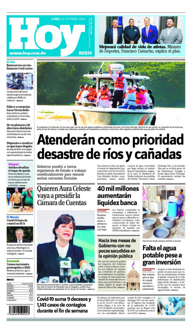 Portada Periódico Hoy, Lunes 26 de Octubre, 2020