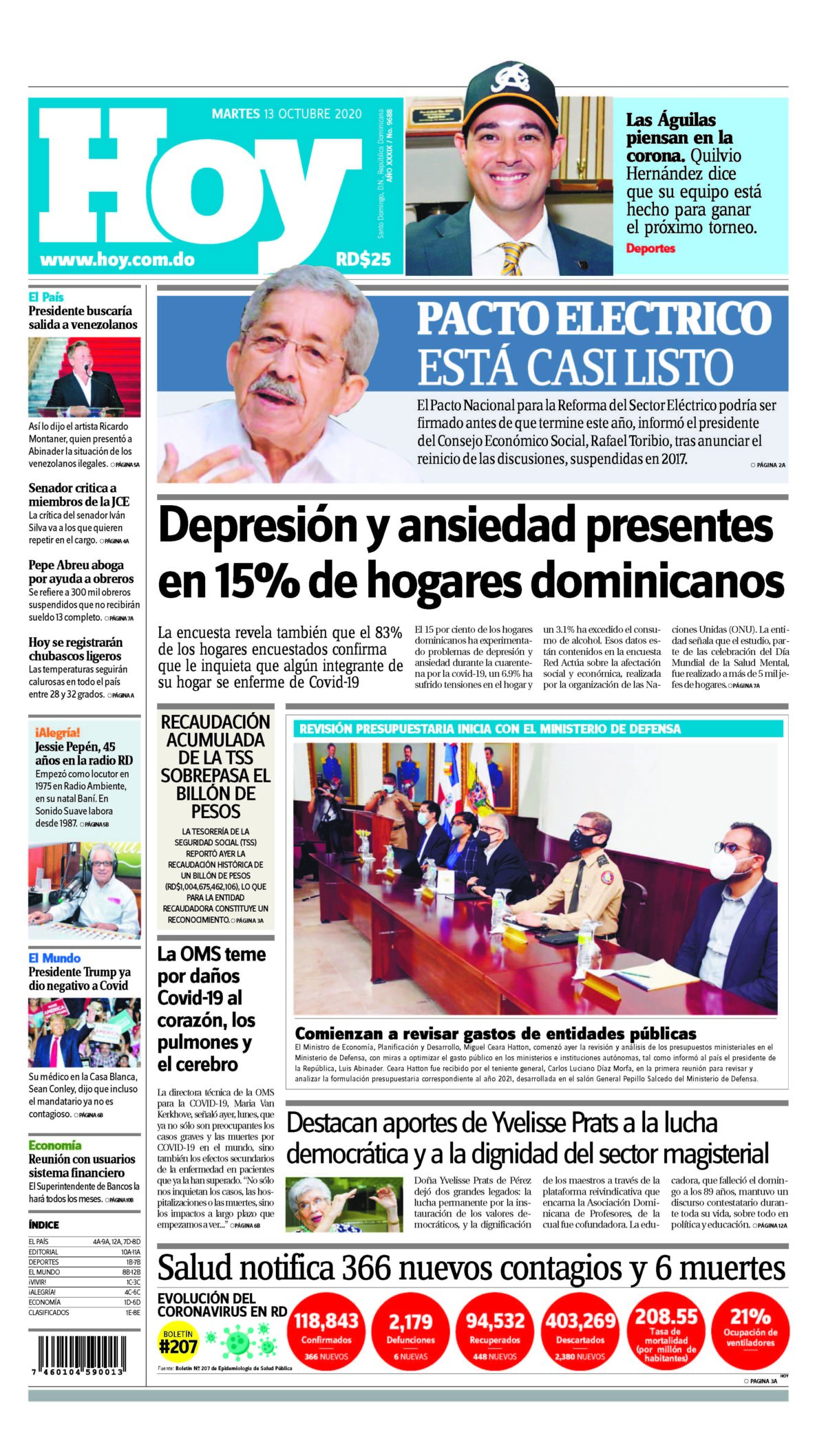 Portada Periódico Hoy, Martes 13 de Octubre, 2020