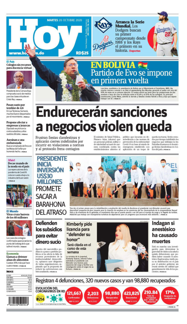 Portada Periódico Hoy, Martes 20 de Octubre, 2020