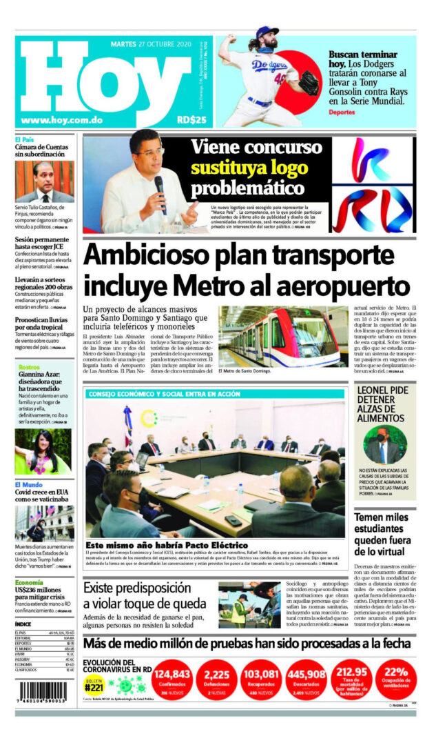 Portada Periódico Hoy, Martes 27 de Octubre, 2020