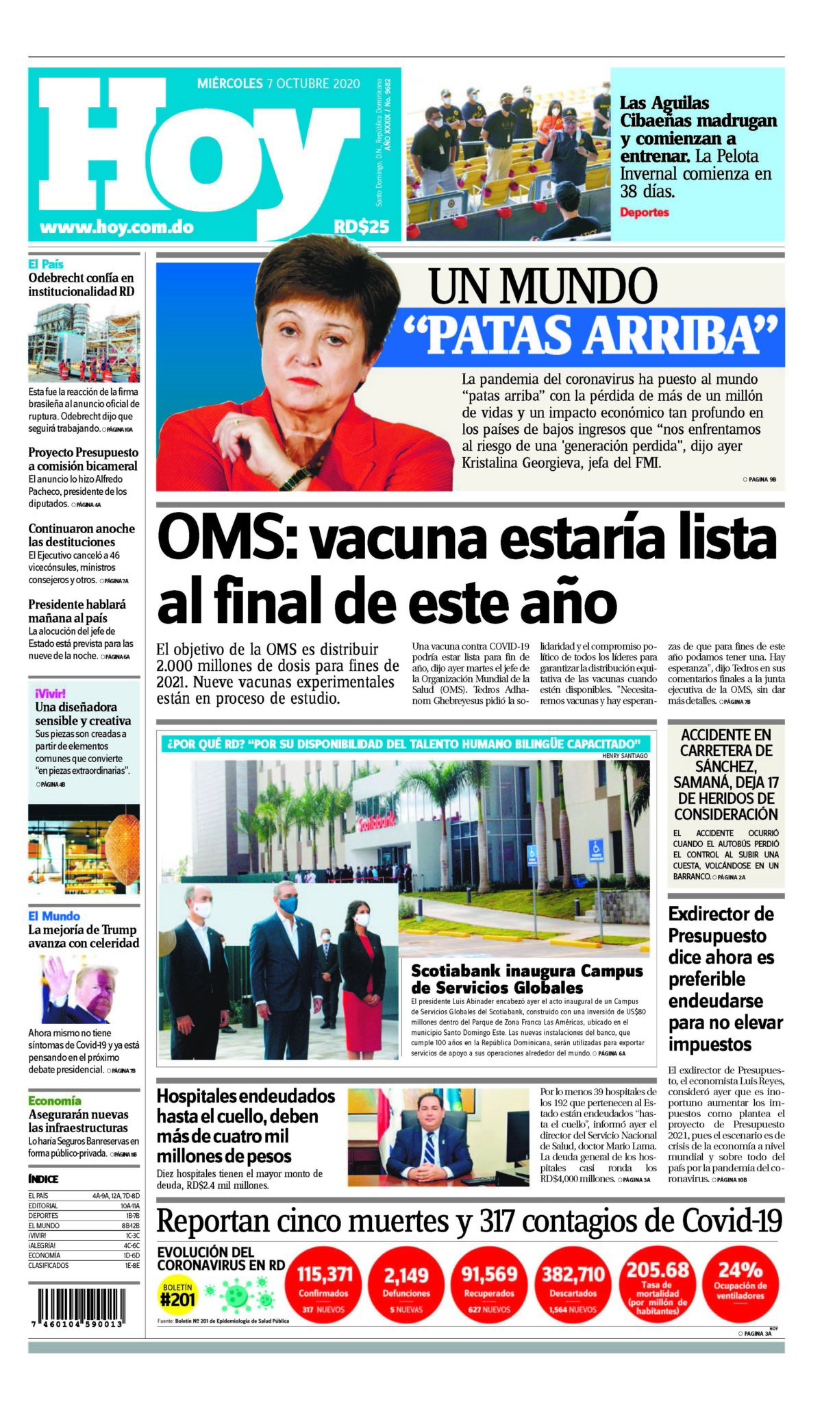 Portada Periódico Hoy, Miércoles 07 de Octubre, 2020