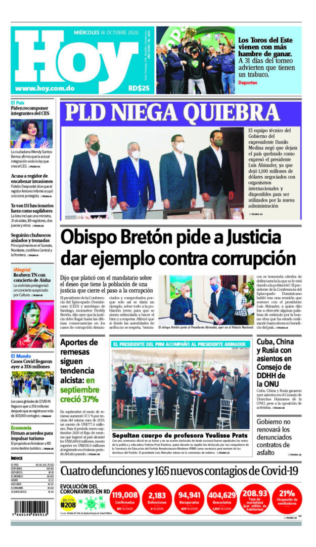 Portada Periódico Hoy, Miércoles 14 de Octubre, 2020
