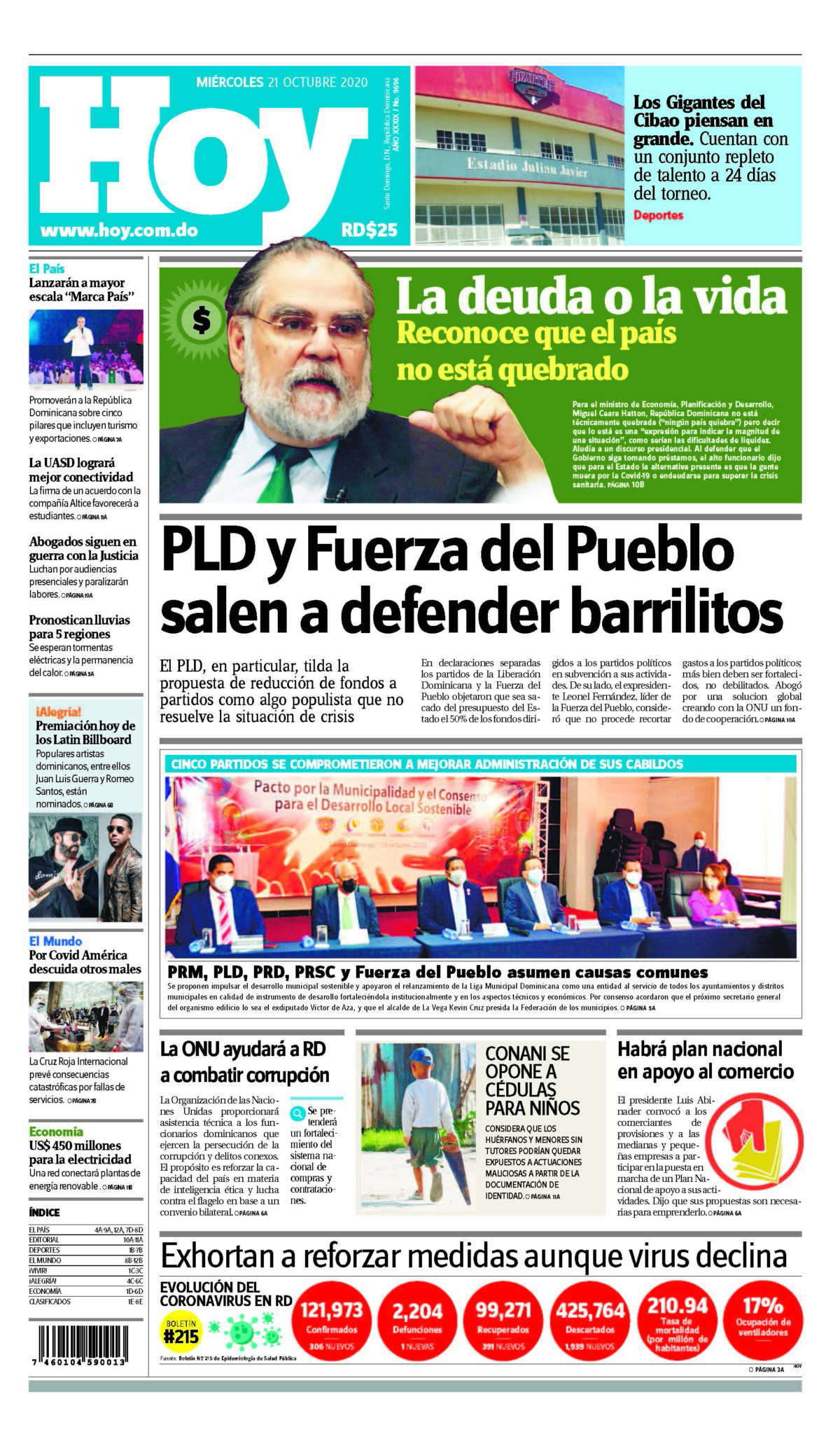 Portada Periódico Hoy, Miércoles 21 de Octubre, 2020