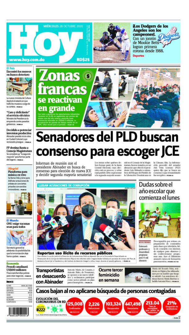 Portada Periódico Hoy, Miércoles 28 de Octubre, 2020