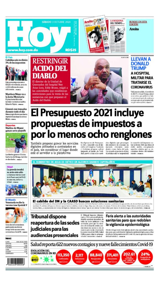 Portada Periódico Hoy, Sábado 03 de Octubre, 2020