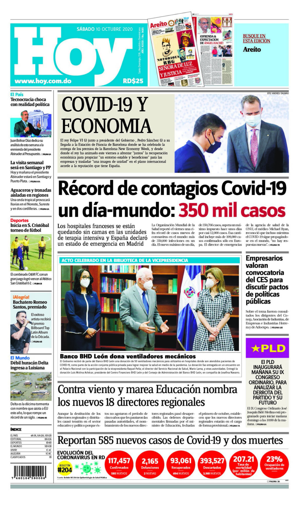 Portada Periódico Hoy, Sábado 10 de Octubre, 2020 - Dominicana.do