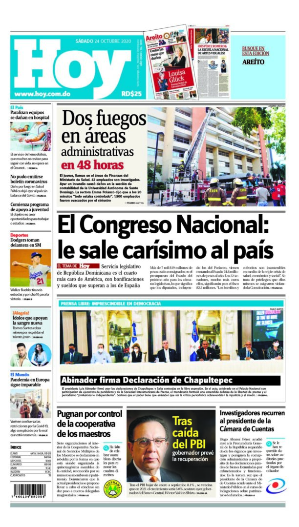 Portada Periódico Hoy, Sábado 24 de Octubre, 2020