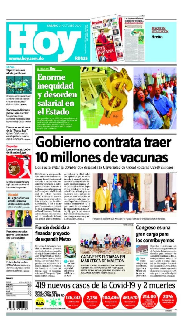 Portada Periódico Hoy, Sábado 31 de Octubre, 2020