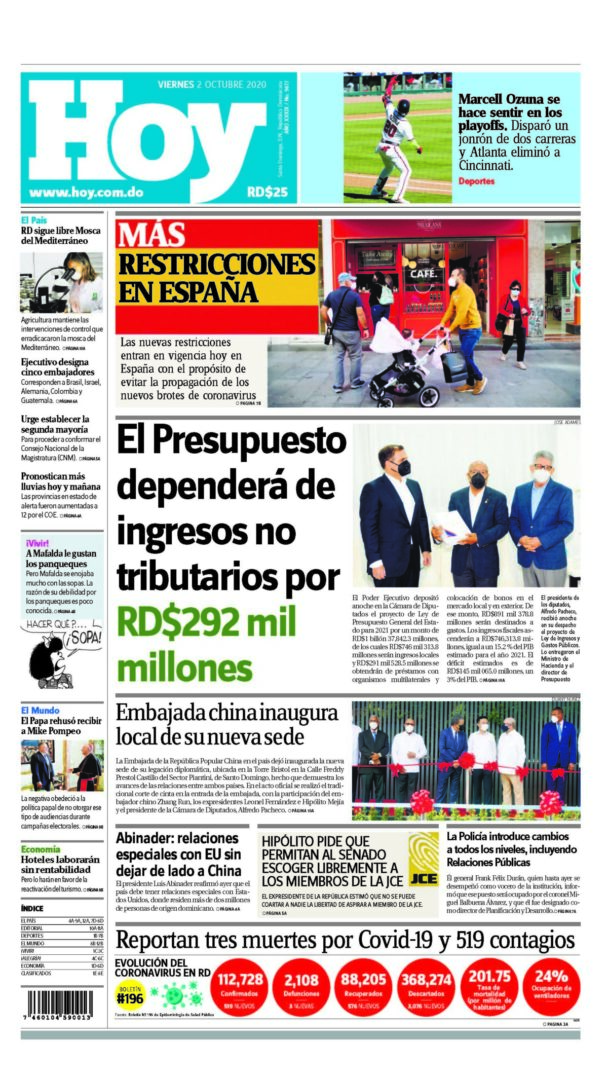 Portada Periódico Hoy, Viernes 02 de Octubre, 2020