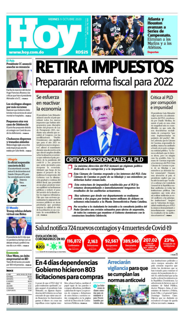 Portada Periódico Hoy, Viernes 09 de Octubre, 2020